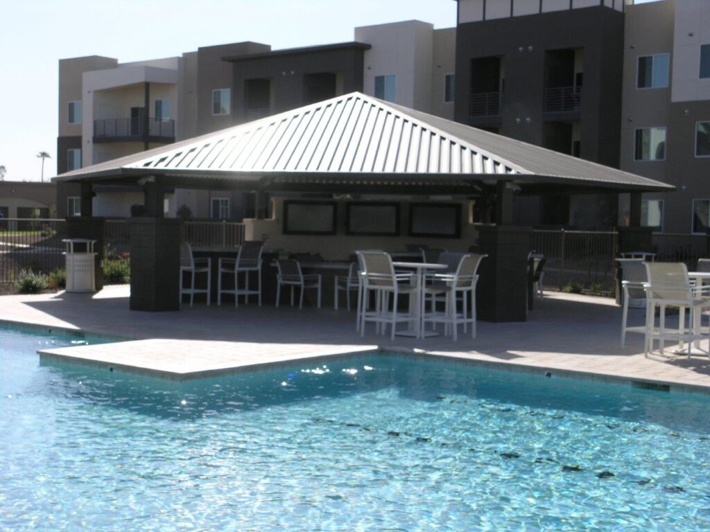 Pool Shade Structures featuring BBQs, Fireplaces, Wet Bars, HDTVs and WiFi